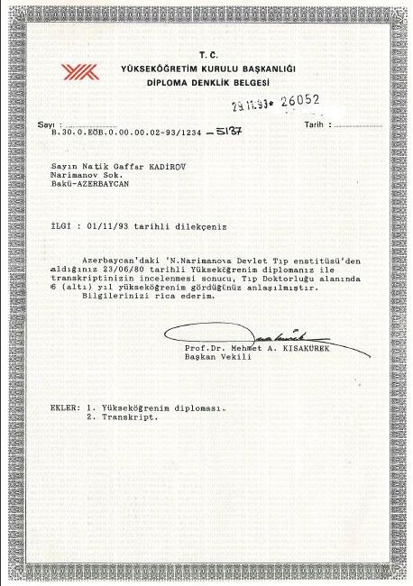 YÖK-dən Diploma Denglik Belgəsi(Türkiyə)