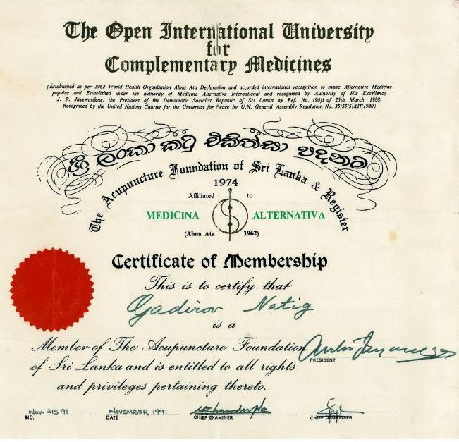 Akupunktur sertifikatı(Şri-Lanka,Kolombo)Seylon